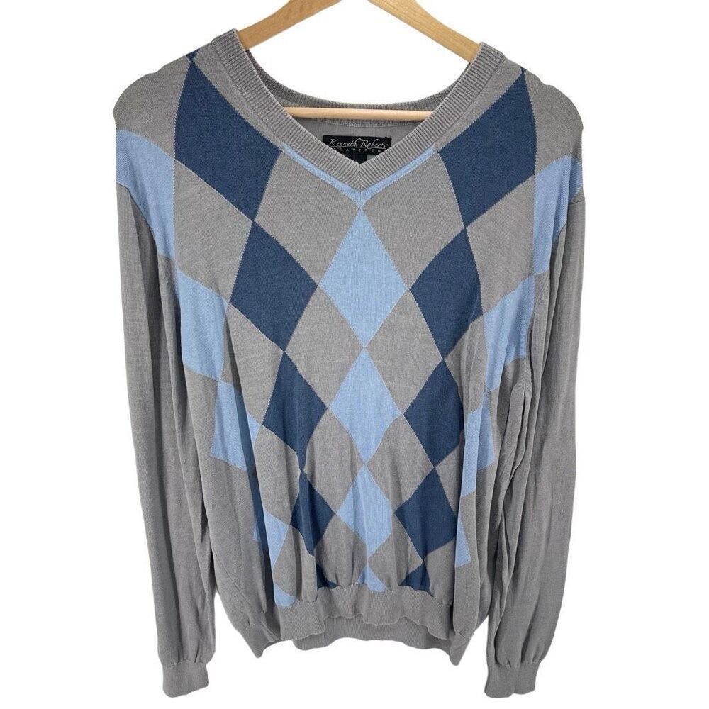Kenneth Roberts Men’s Silk Blend Argyle V Neck Pullover Sweater Gray Blue Large